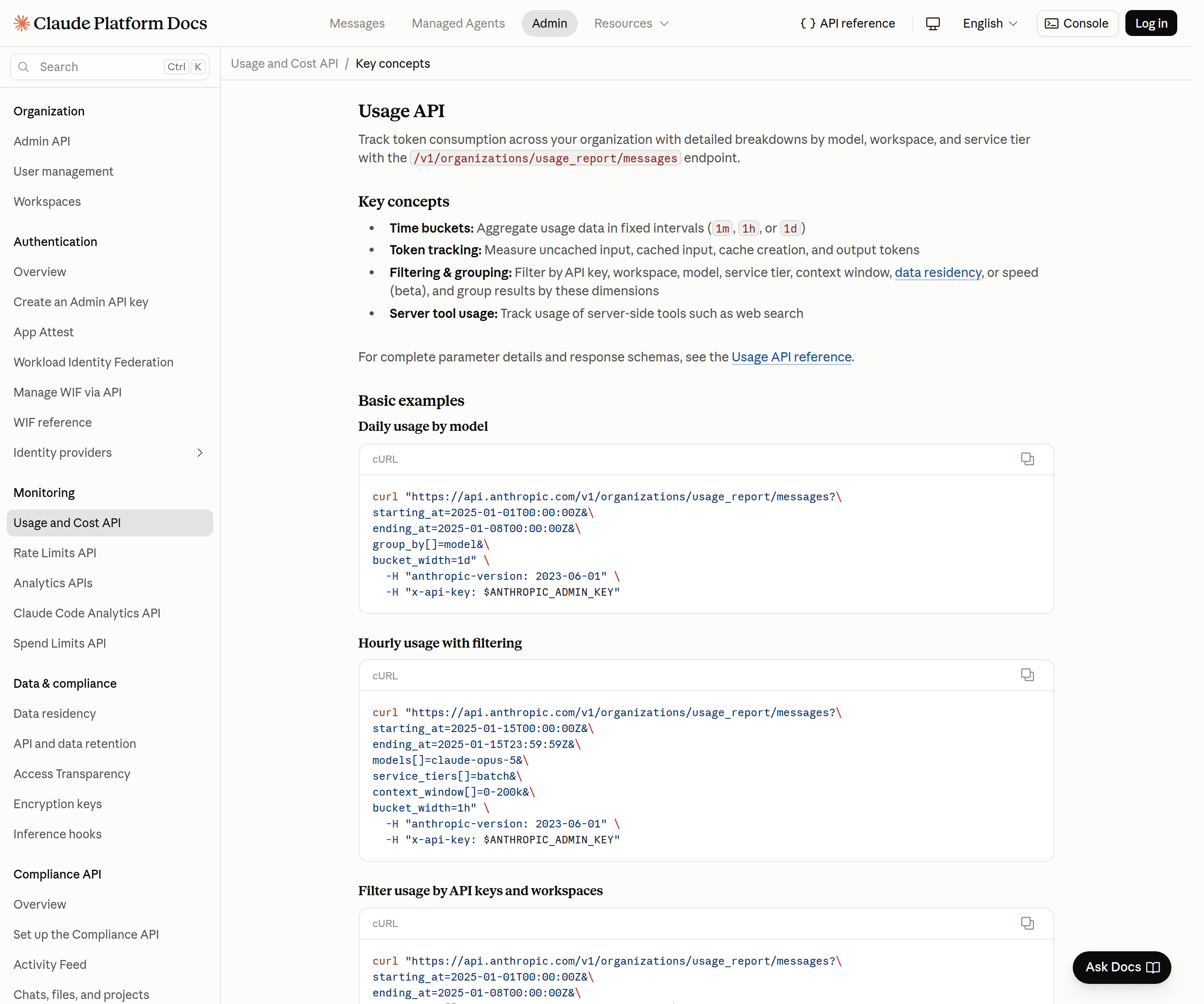 Anthropic documentation example showing usage grouped by API key, workspace, and model