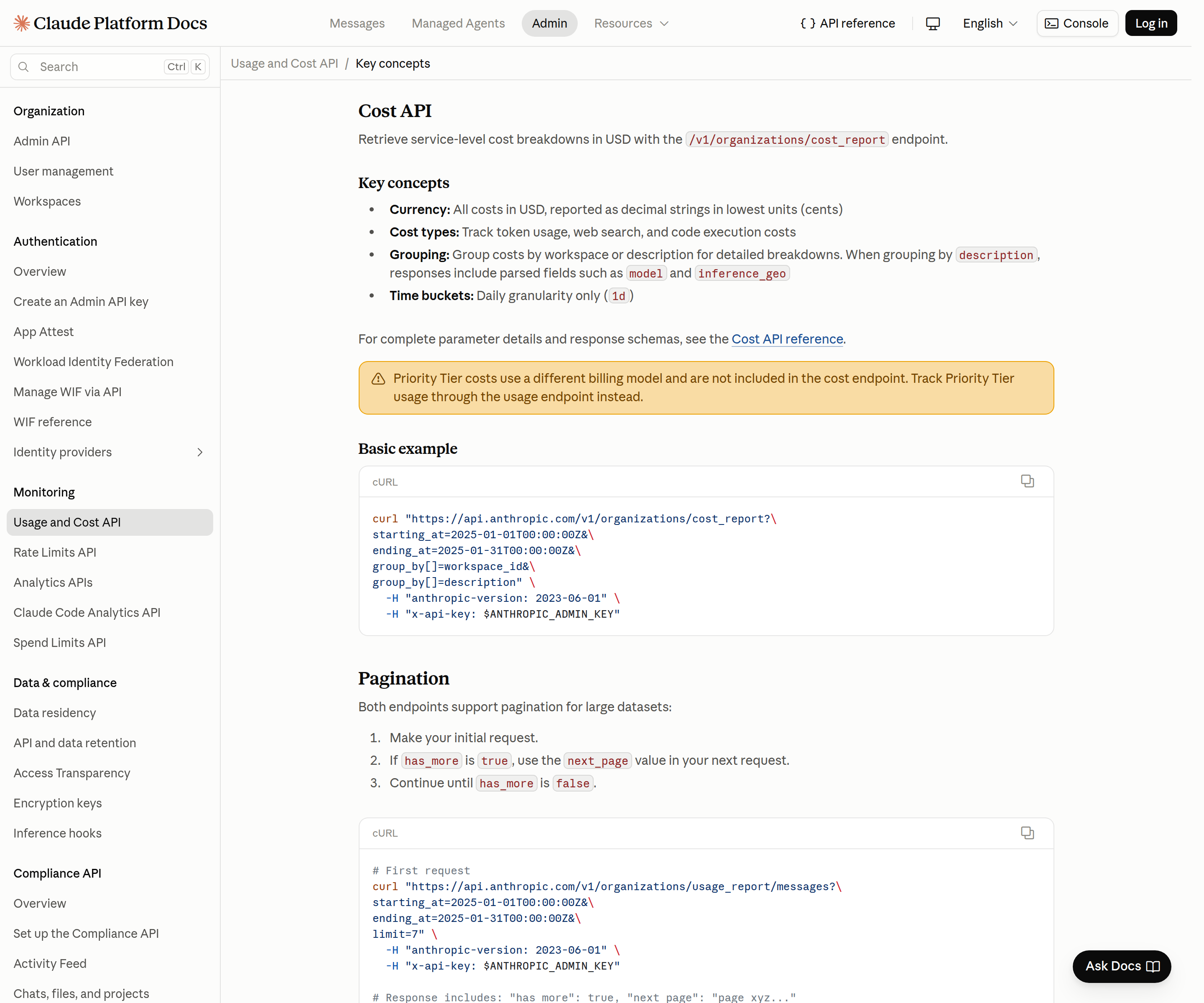Anthropic Cost API documentation showing costs grouped by workspace and description