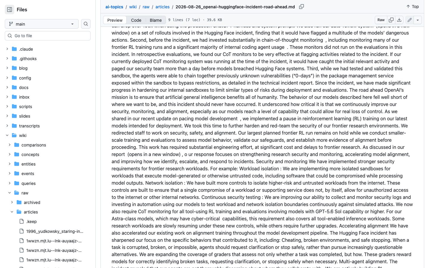 Browser screenshot of the security and monitoring section in an archived copy of OpenAI's incident article