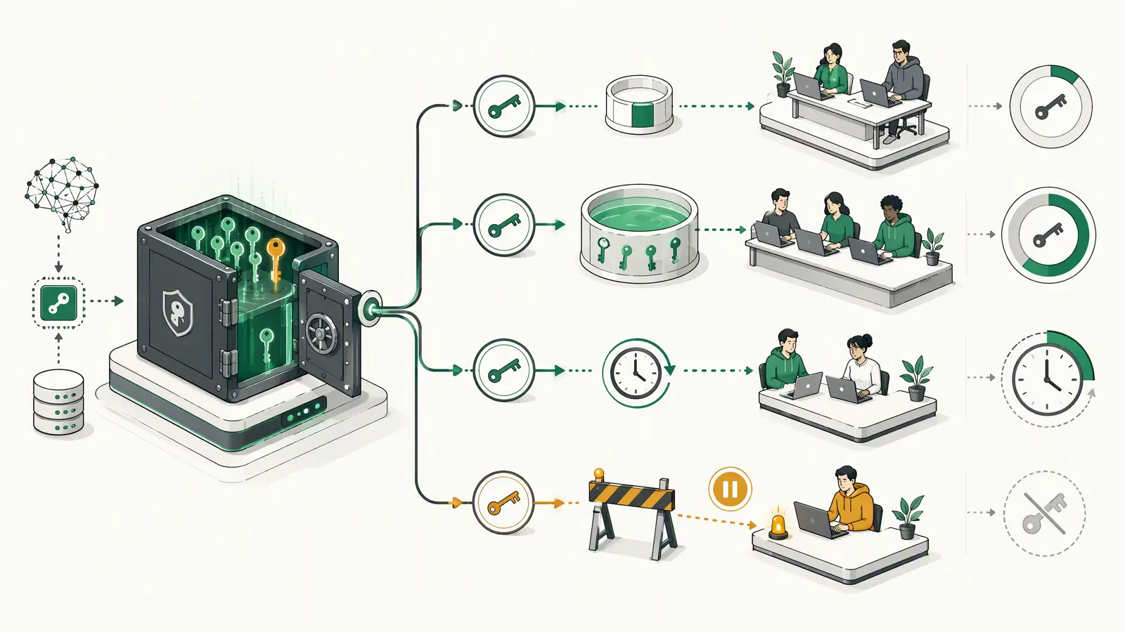 A central API key vault distributing access and limits to different developer groups