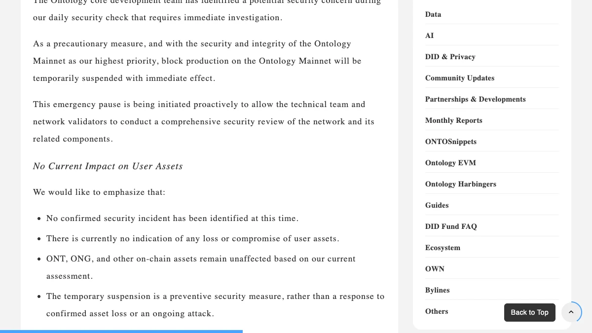 Ontology's initial notice showing the immediate mainnet pause, the status at that time, and the user-asset boundary