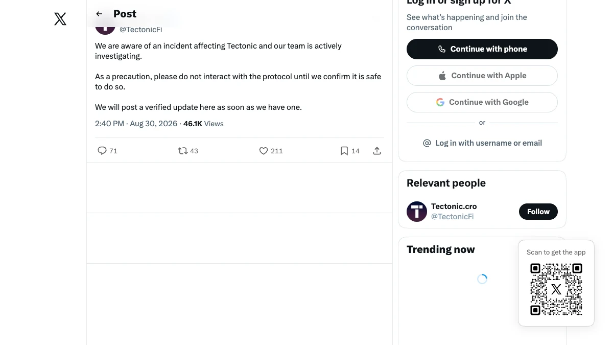 Tectonic's official notice acknowledging an incident and asking users not to interact with the protocol