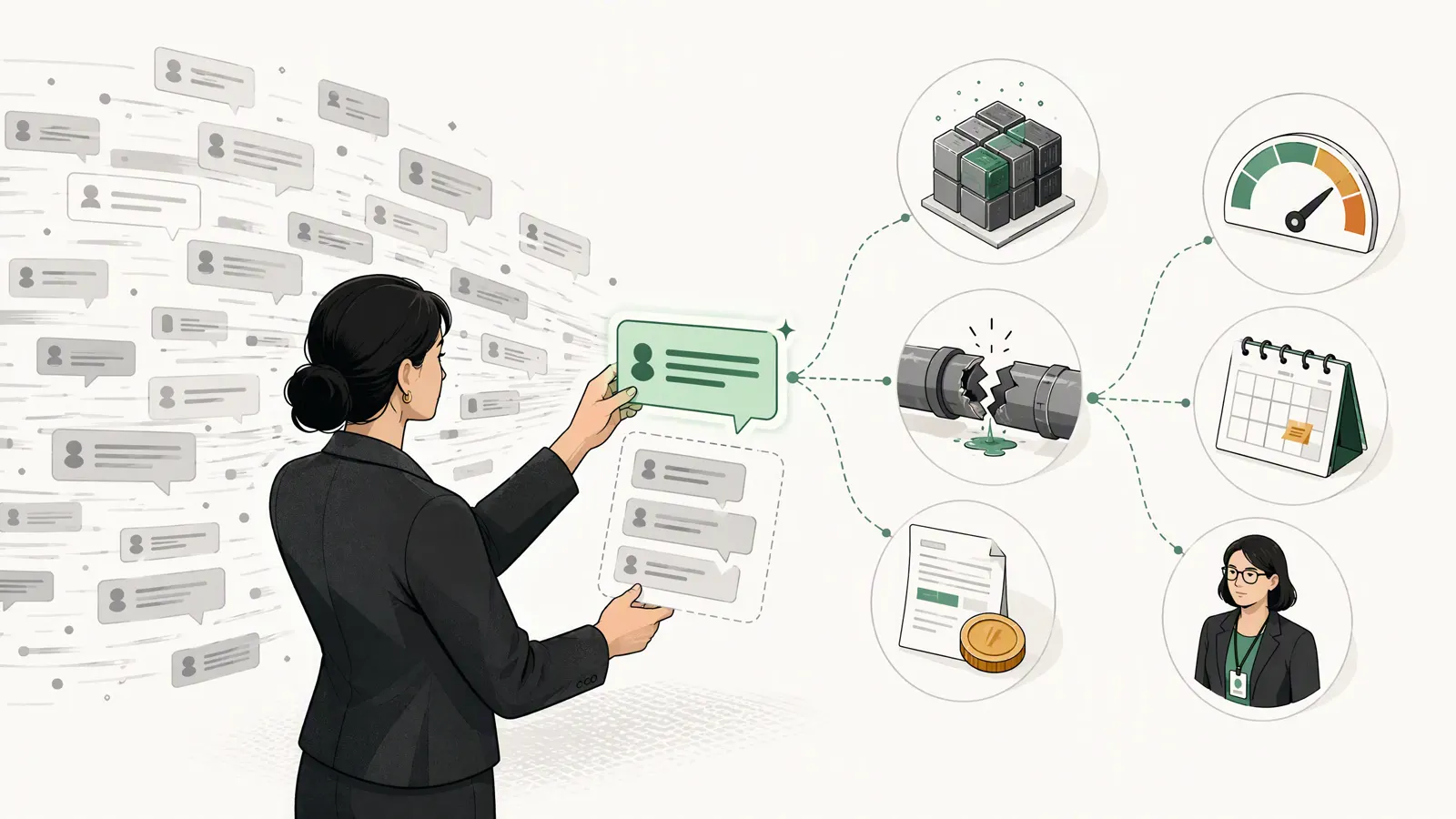 One candidate message connected to a model, measured workload, failure, deadline, payment, and identifiable role