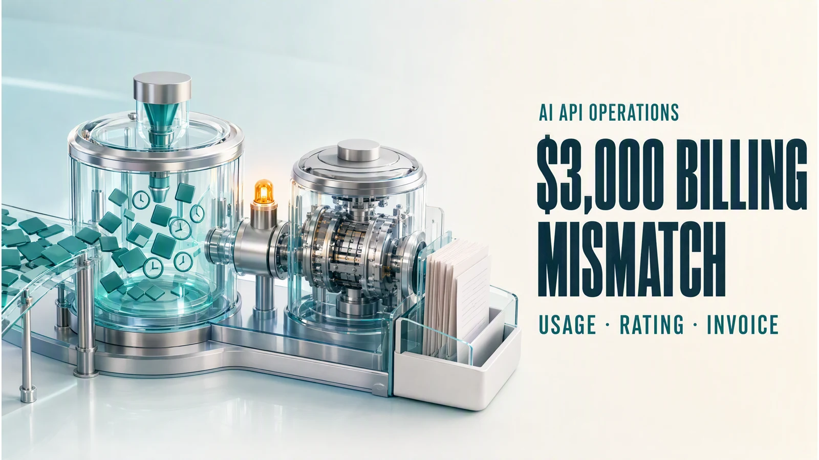 A bright editorial 3D billing machine separates API usage records, rating logic, and invoice documents around a $3,000 mismatch