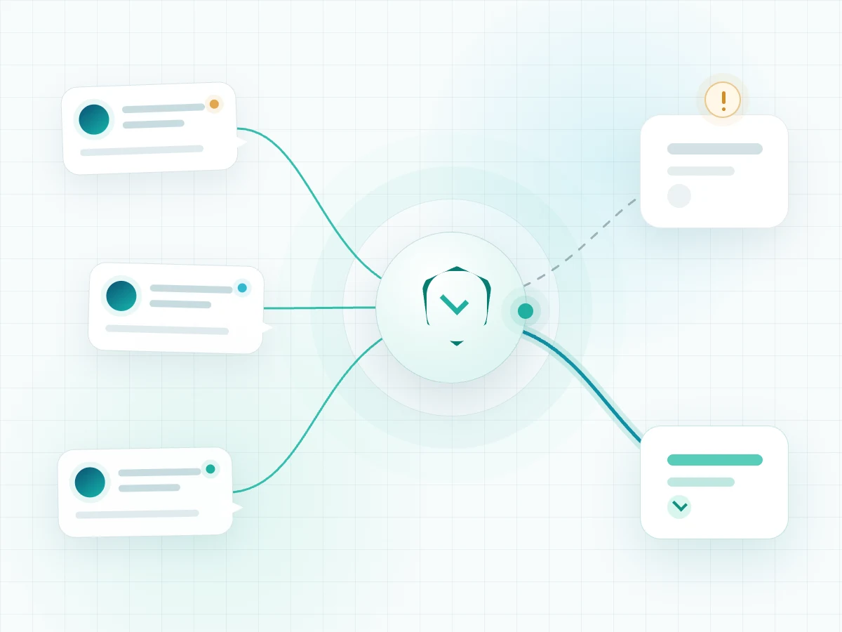 Message signals pass through a security review hub, leaving an alerted provider route for a verified replacement route