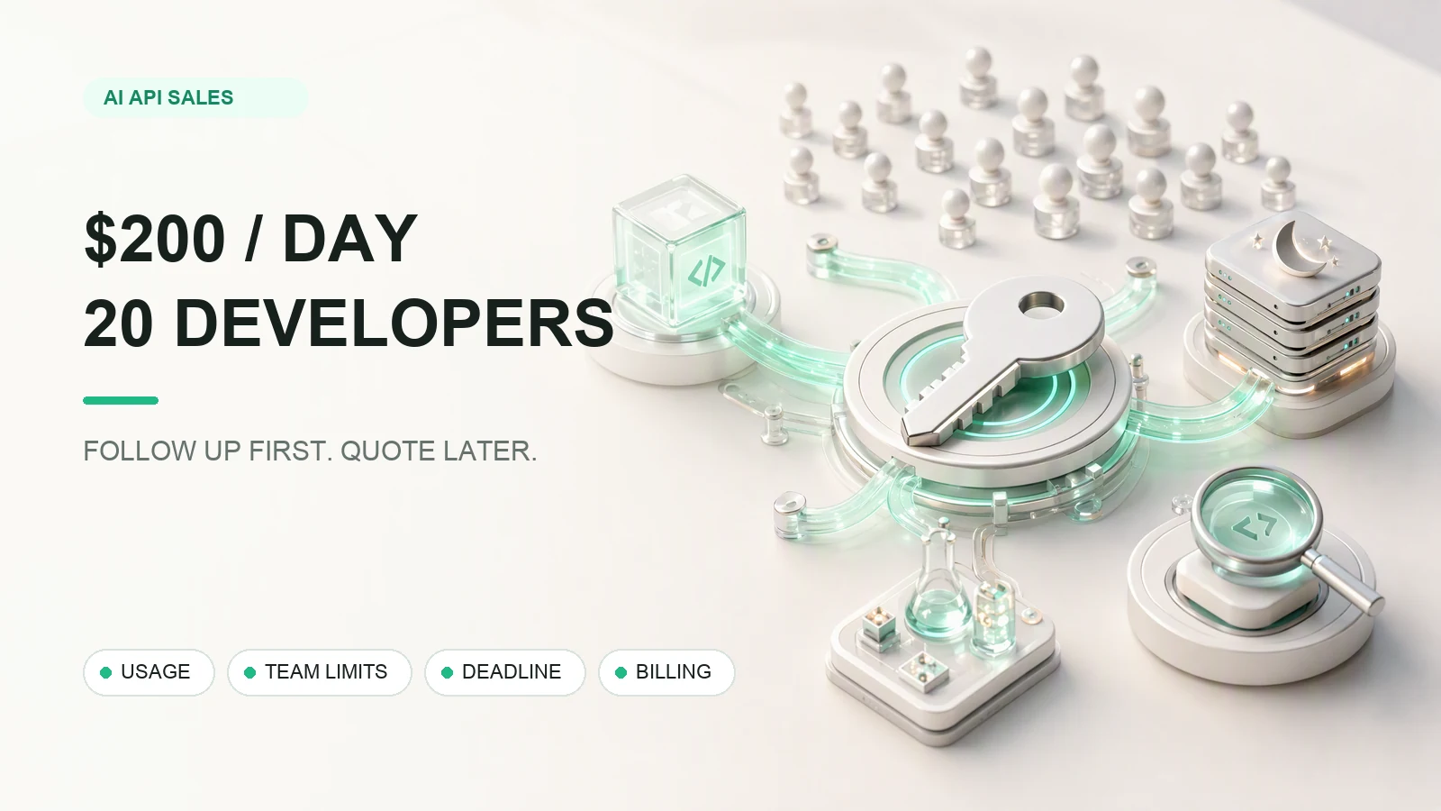 Cinematic representative illustration of one shared API key connecting twenty developers to uneven workload modules, with a fictional 200 dollar daily scenario in the cover text