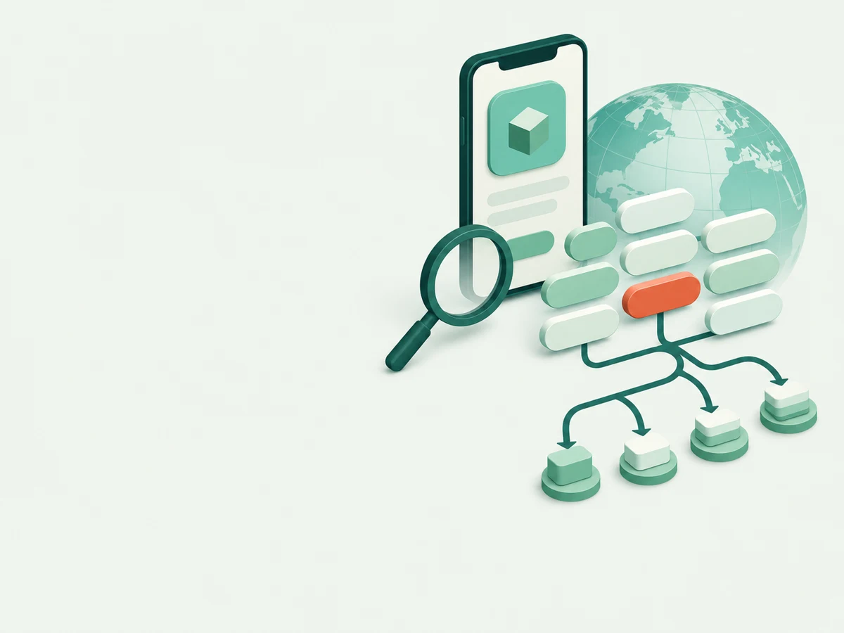 A mobile-app listing branches into regional offer paths for a subscription-pricing review