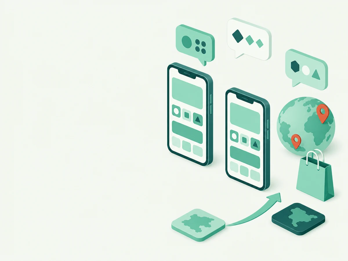 Two localized app versions, regional markers, and community messages show a Japan launch approaching