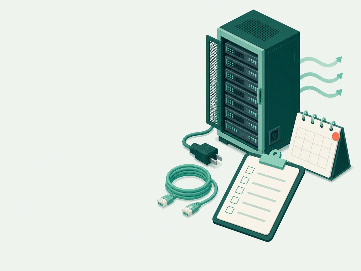 A server rack, power connection, cooling path, checklist, and delivery calendar show a data-center capacity gap