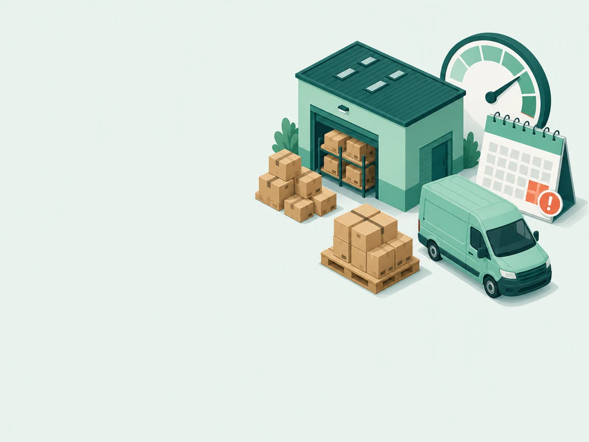 Parcels, warehouse capacity, a delivery van, and a cutoff calendar show an urgent 3PL receiving request