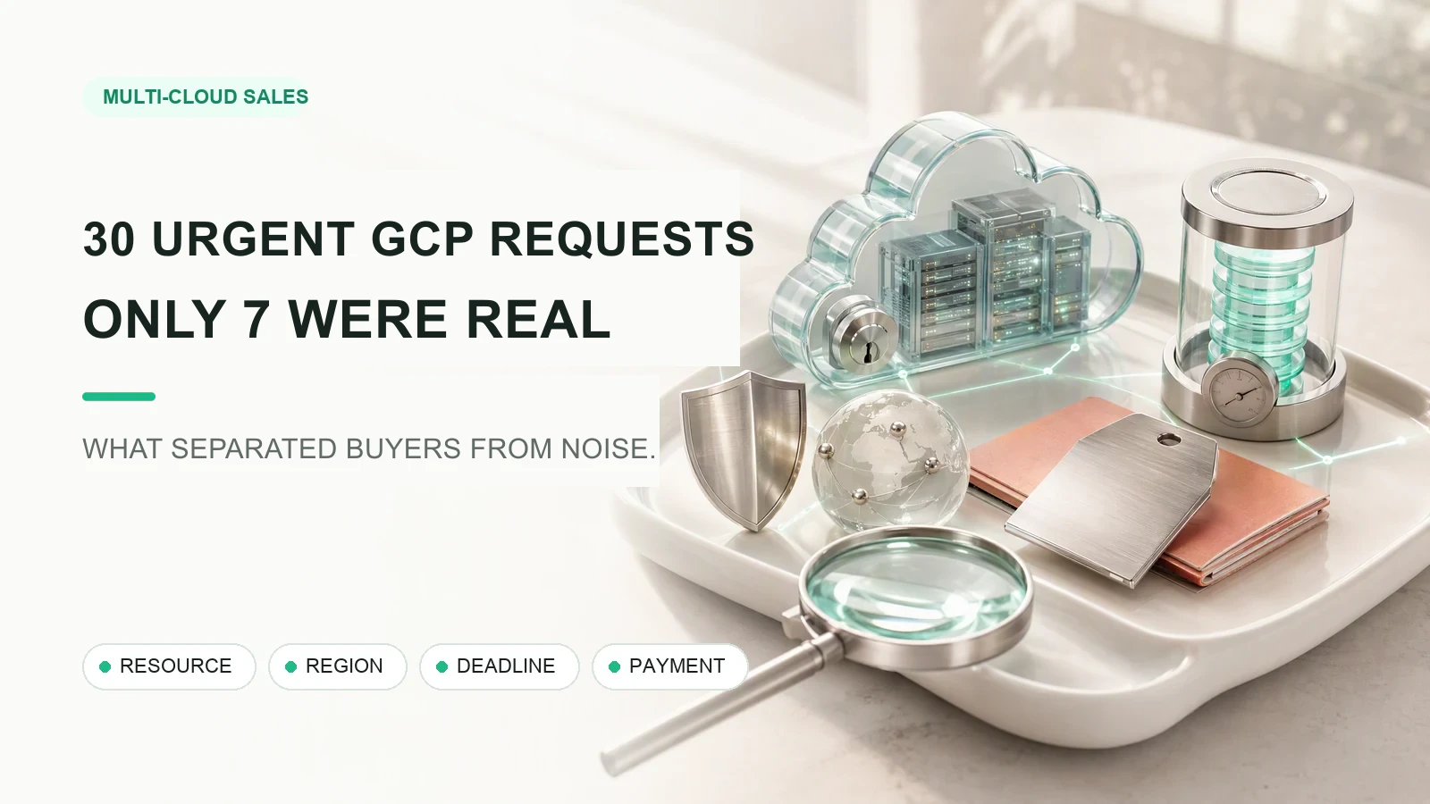 A bright cinematic review desk holds a secure cloud server, security shield and global nodes, contract price tag, API capacity tokens, and a magnifying glass