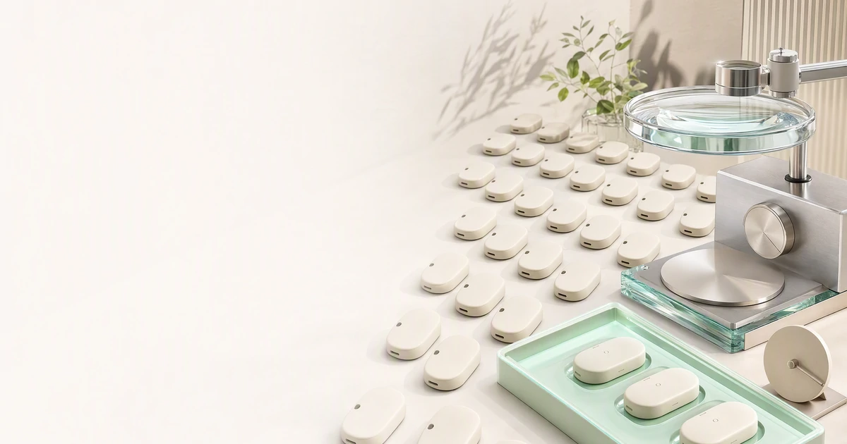 A bright cinematic 3D inspection scene shows rows of signing devices moving through a glass review lens toward a mint-lit version-check tray